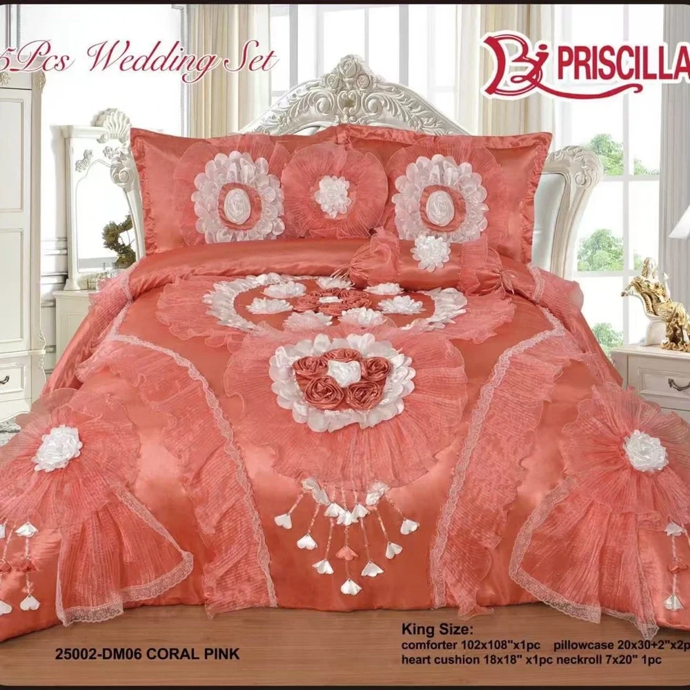 Coral Pink Wedding Bedding Set